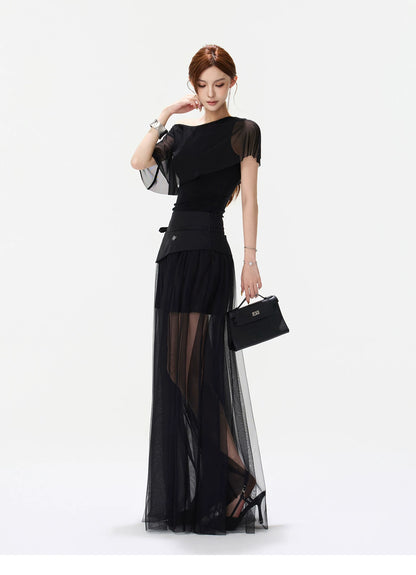 CYNR Asymmetric Shoulder Top &amp; Mesh Skirt Set