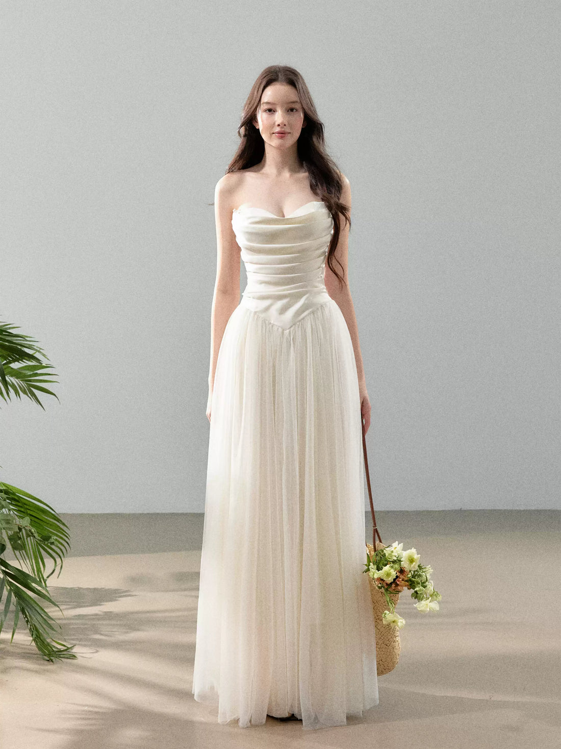 YZZI HE French satin strapless patchwork chiffon dress