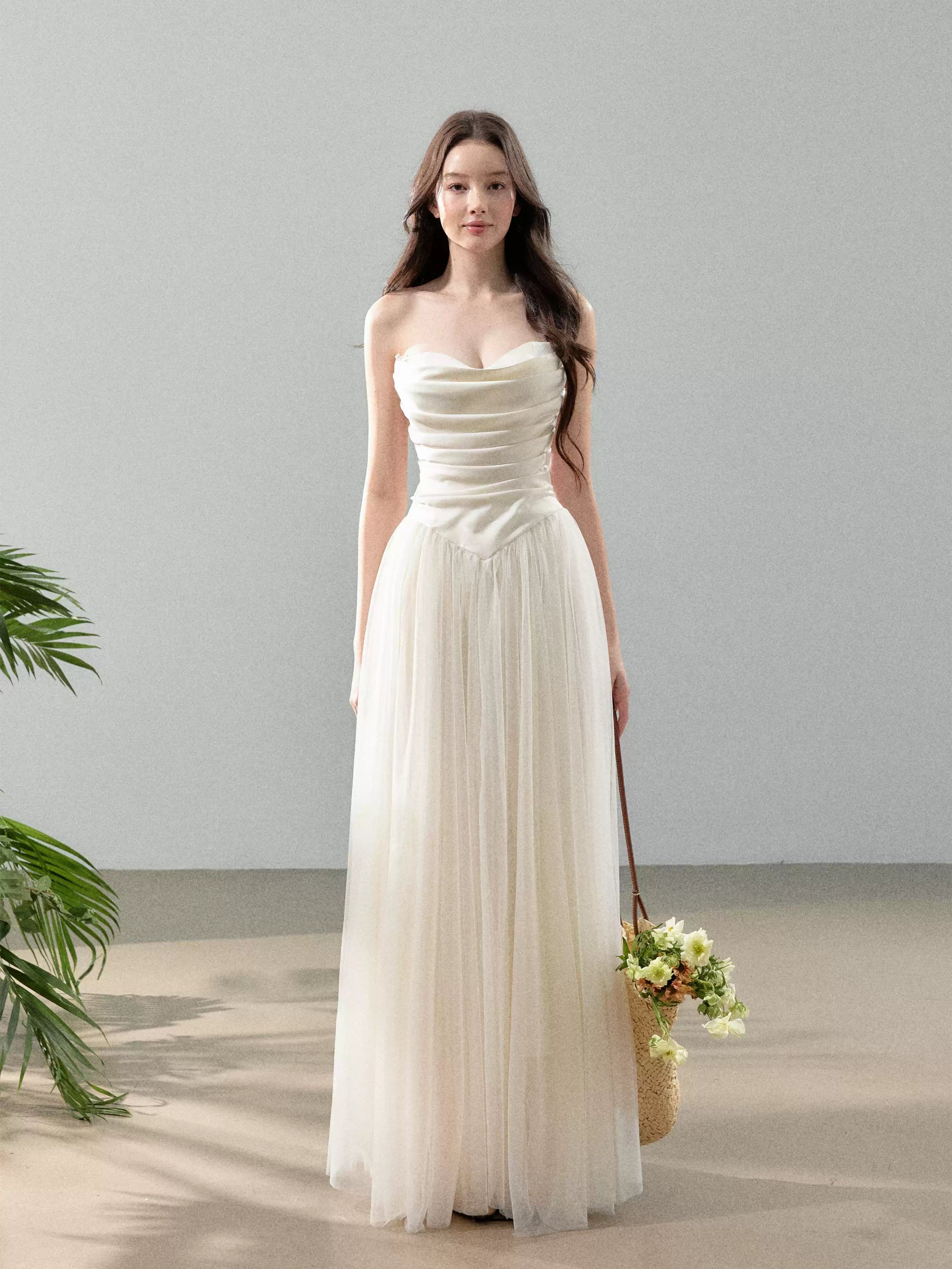 YZZI HE French satin strapless patchwork chiffon dress