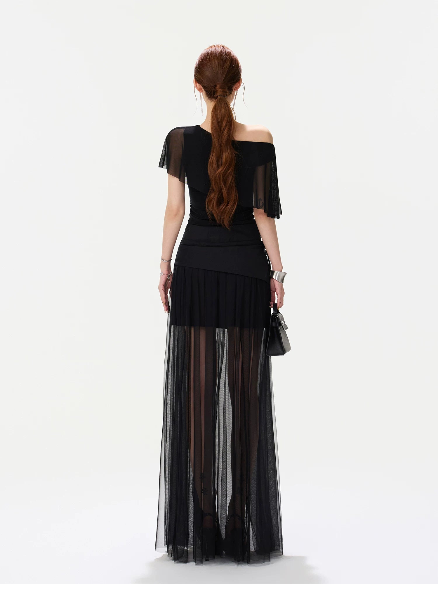 CYNR Asymmetric Shoulder Top &amp; Mesh Skirt Set