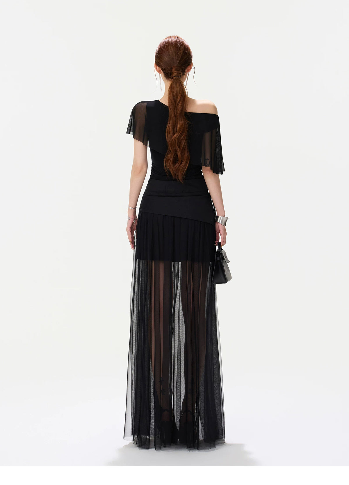 CYNR Asymmetric Shoulder Top &amp; Mesh Skirt Set