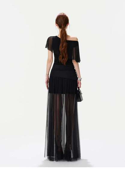 CYNR Asymmetric Shoulder Top &amp; Mesh Skirt Set