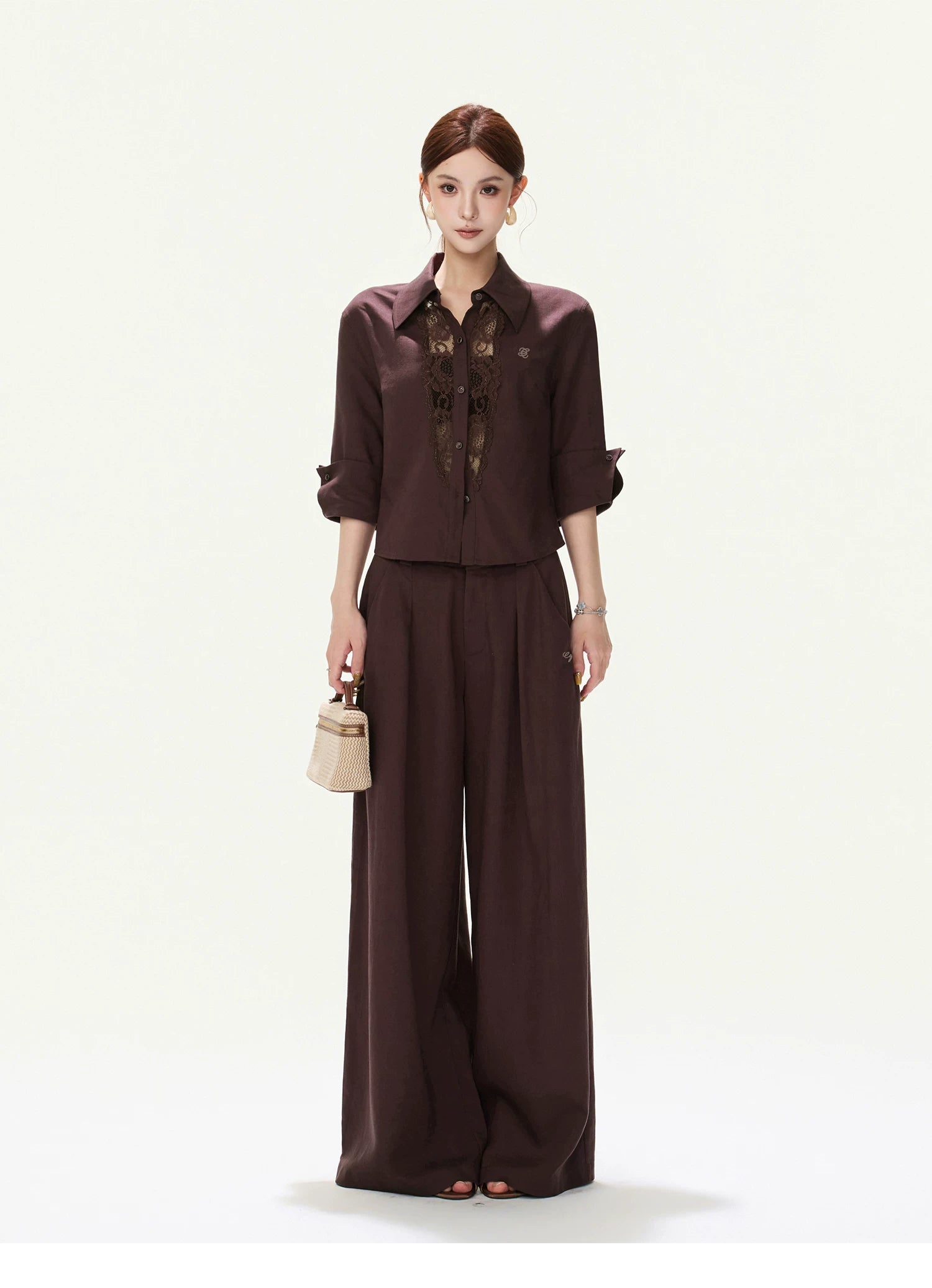 CYNR Lace Cut-Out Blouse and Wide-Leg Pants Set