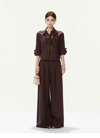 CYNR Lace Cut-Out Blouse and Wide-Leg Pants Set