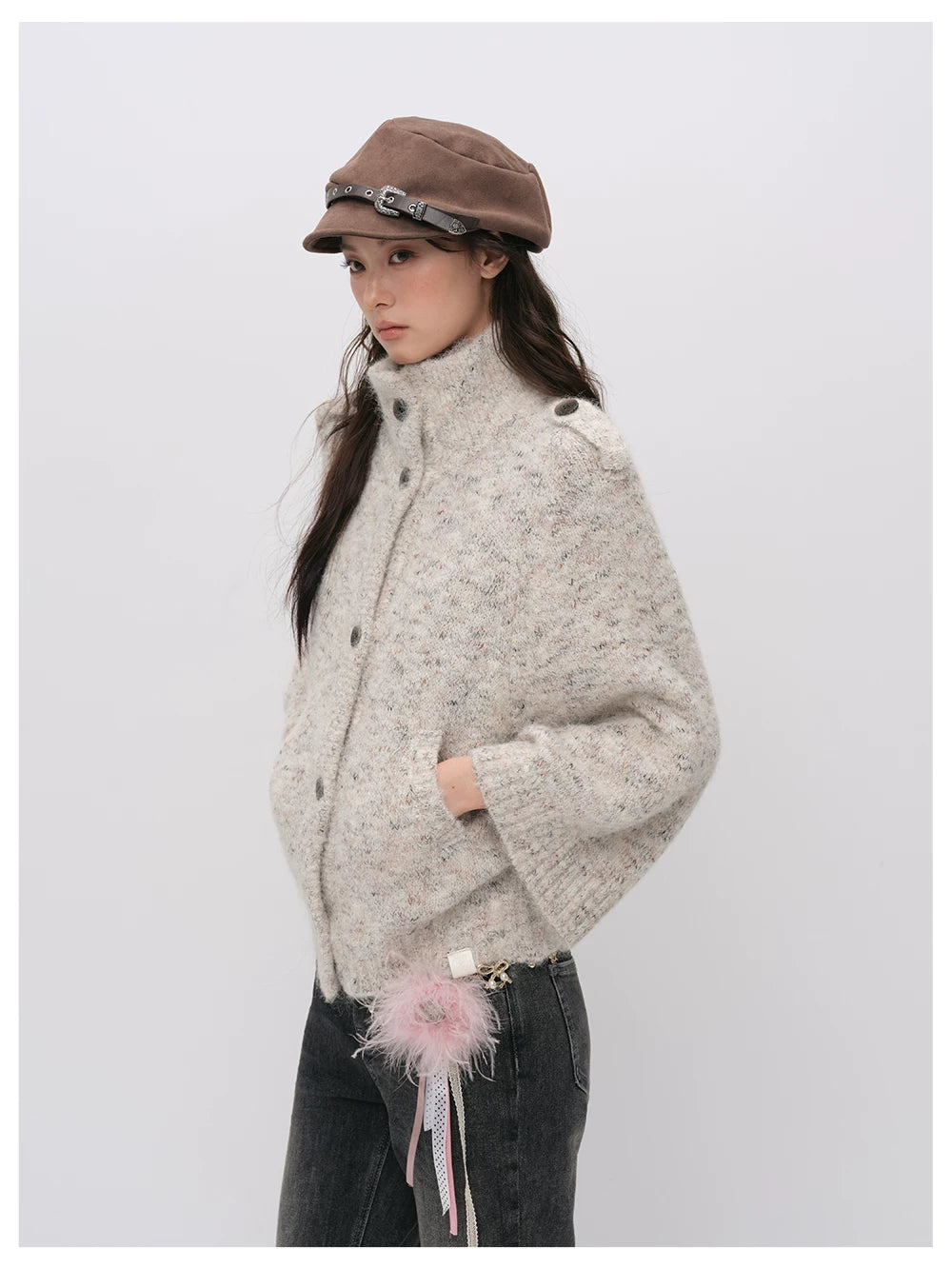VIA PITTI VIADK6400 Vintage Stand-Collar Knit Cardigan