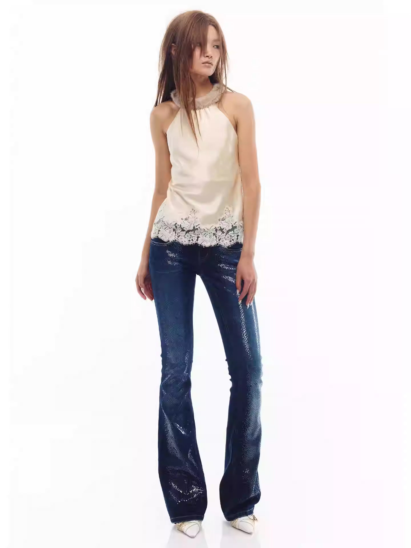 JELLOJELLO Lace edge patchwork acetate fur collar top