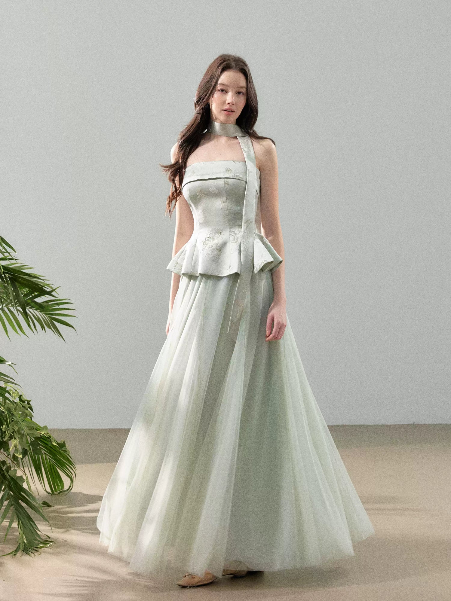 YZZI HE Jacquard top + mesh skirt set