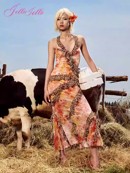 JELLOJELLO Splicing leopard print lace elastic mesh vacation maxi dress