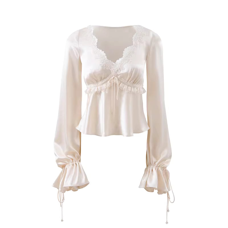 JELLOJELLO Acetate lace patchwork drawstring cuff top