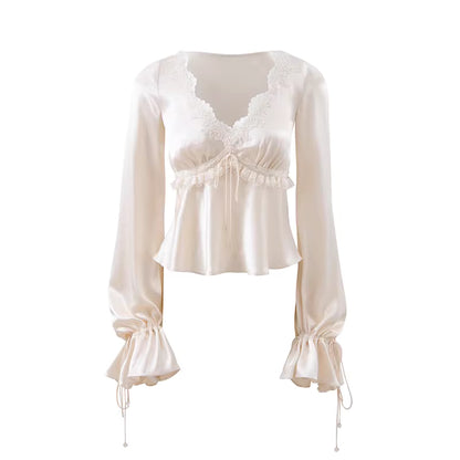 JELLOJELLO Acetate lace patchwork drawstring cuff top