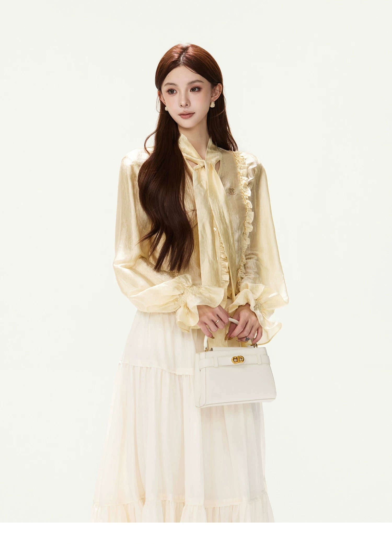 CYNR Ruffled Satin Blouse and Tiered Skirt Set