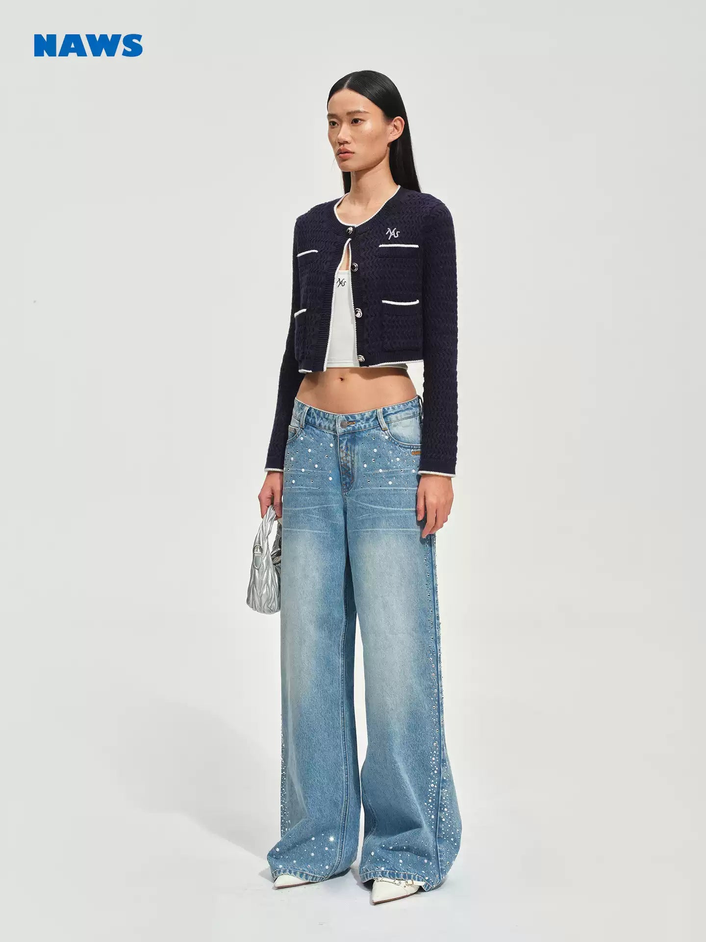 NAWS Wool twisted floral silhouette short knitted cardigan