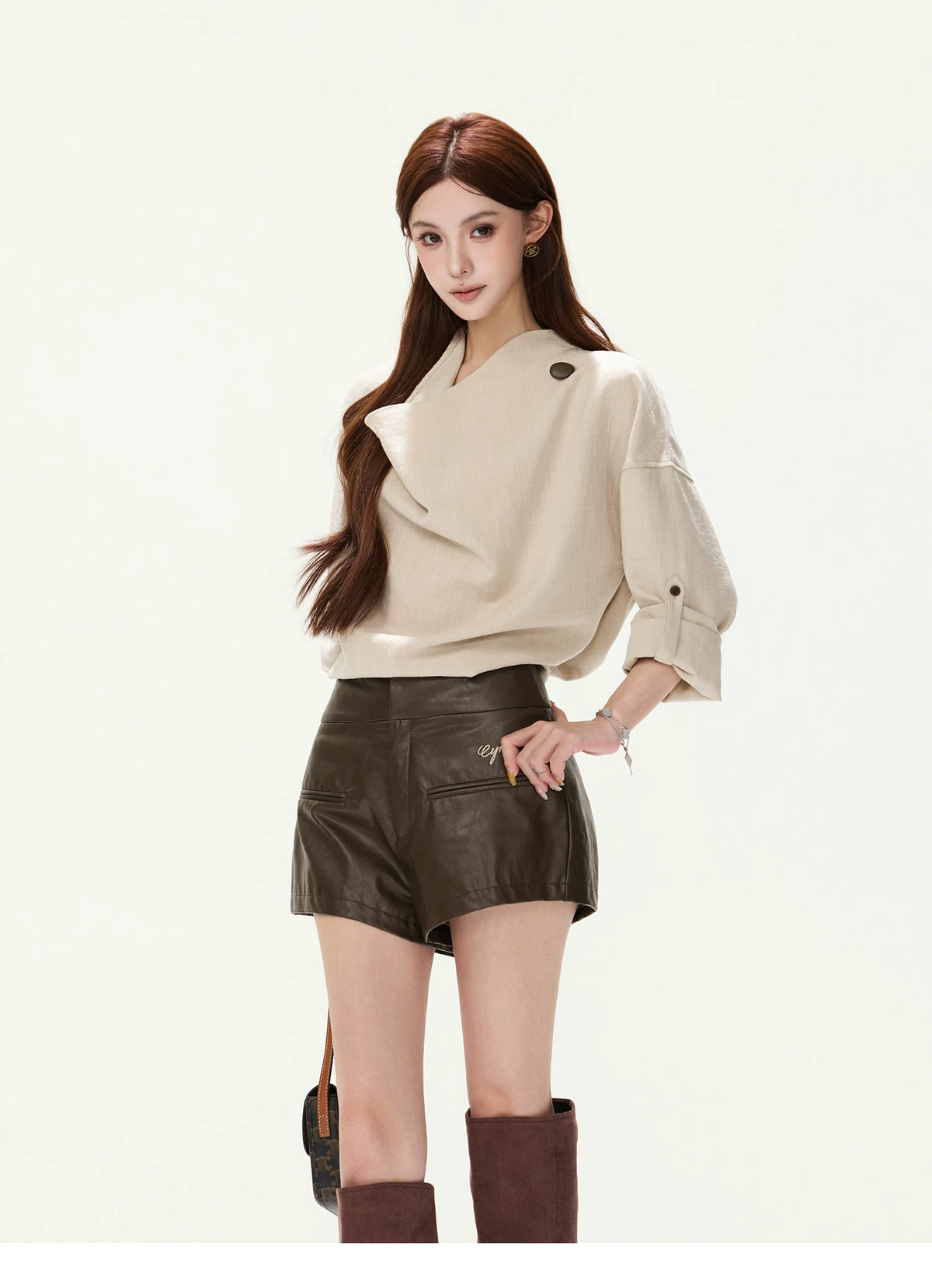 CYNR Cowl Neck Drop-Sleeve Shirt &amp; Leather Shorts