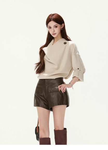 CYNR Cowl Neck Drop-Sleeve Shirt &amp; Leather Shorts