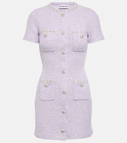 Self-Portrait Lilac Sequin Knit Mini Dress