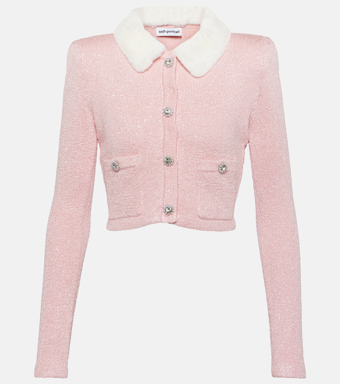 Self-Portrait Pink Faux Fur Collar Cardigan