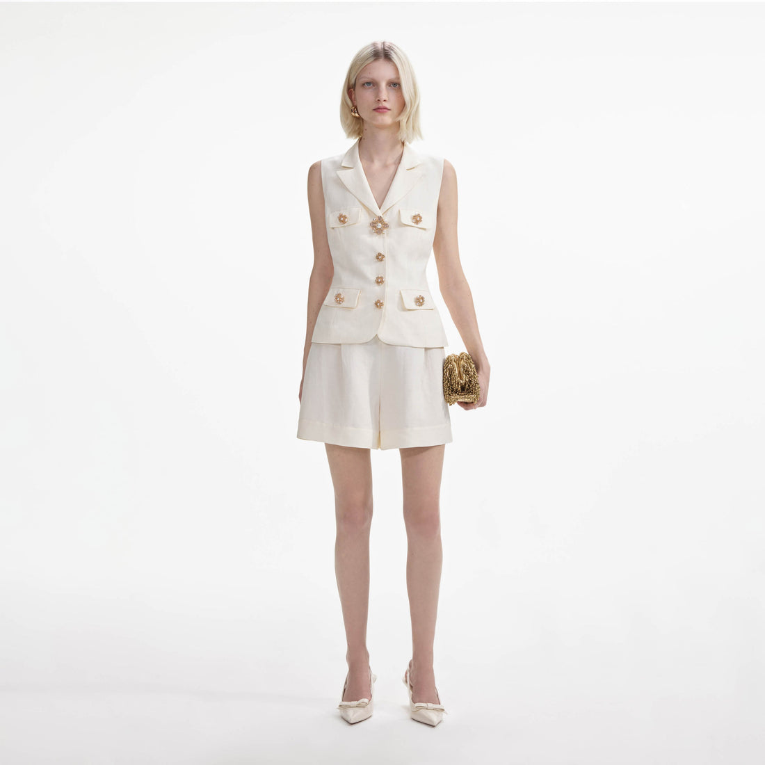 Self-Portrait CREAM LINEN TAILORED PLAYSUIT