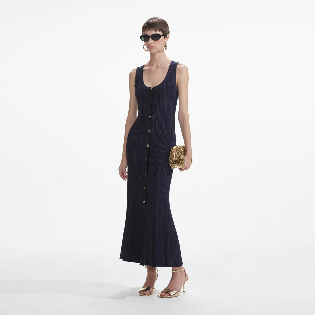 Self-Portrait Navy Viscose Knit Midi Dress