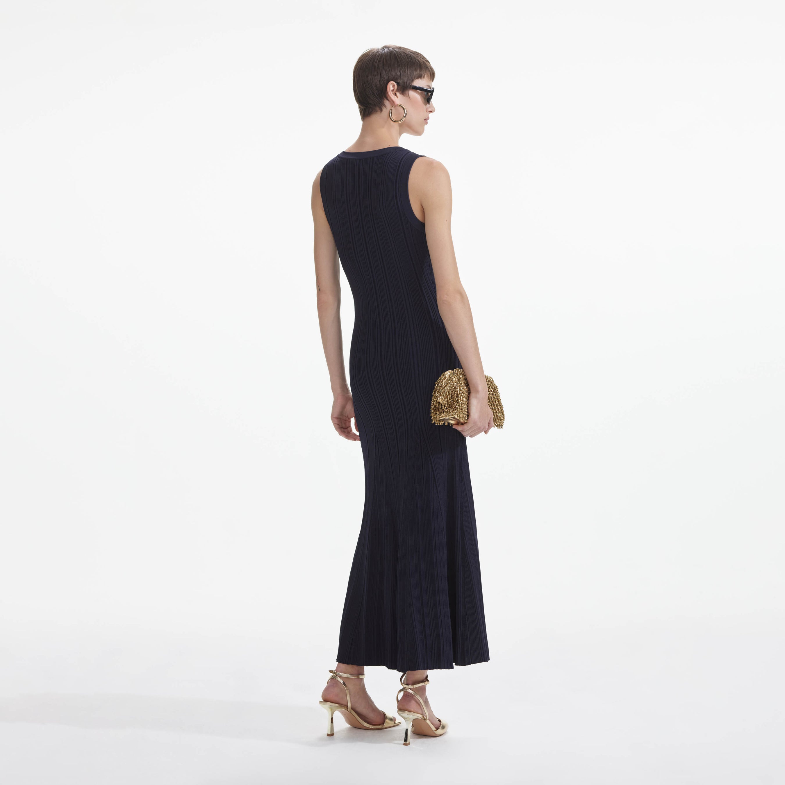 Self-Portrait Navy Viscose Knit Midi Dress