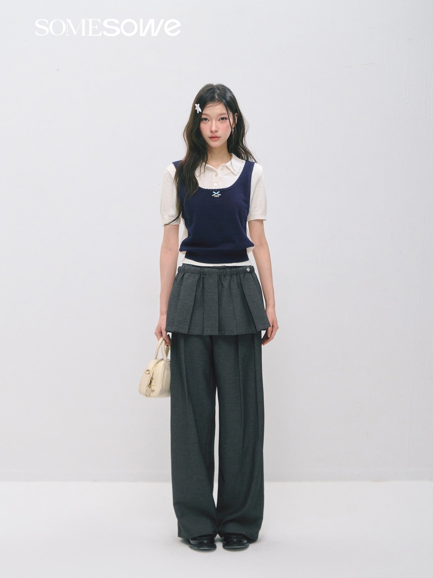 SOMESOWE S2609037/S2609030 Fake two polo collar top + mini cake skirt