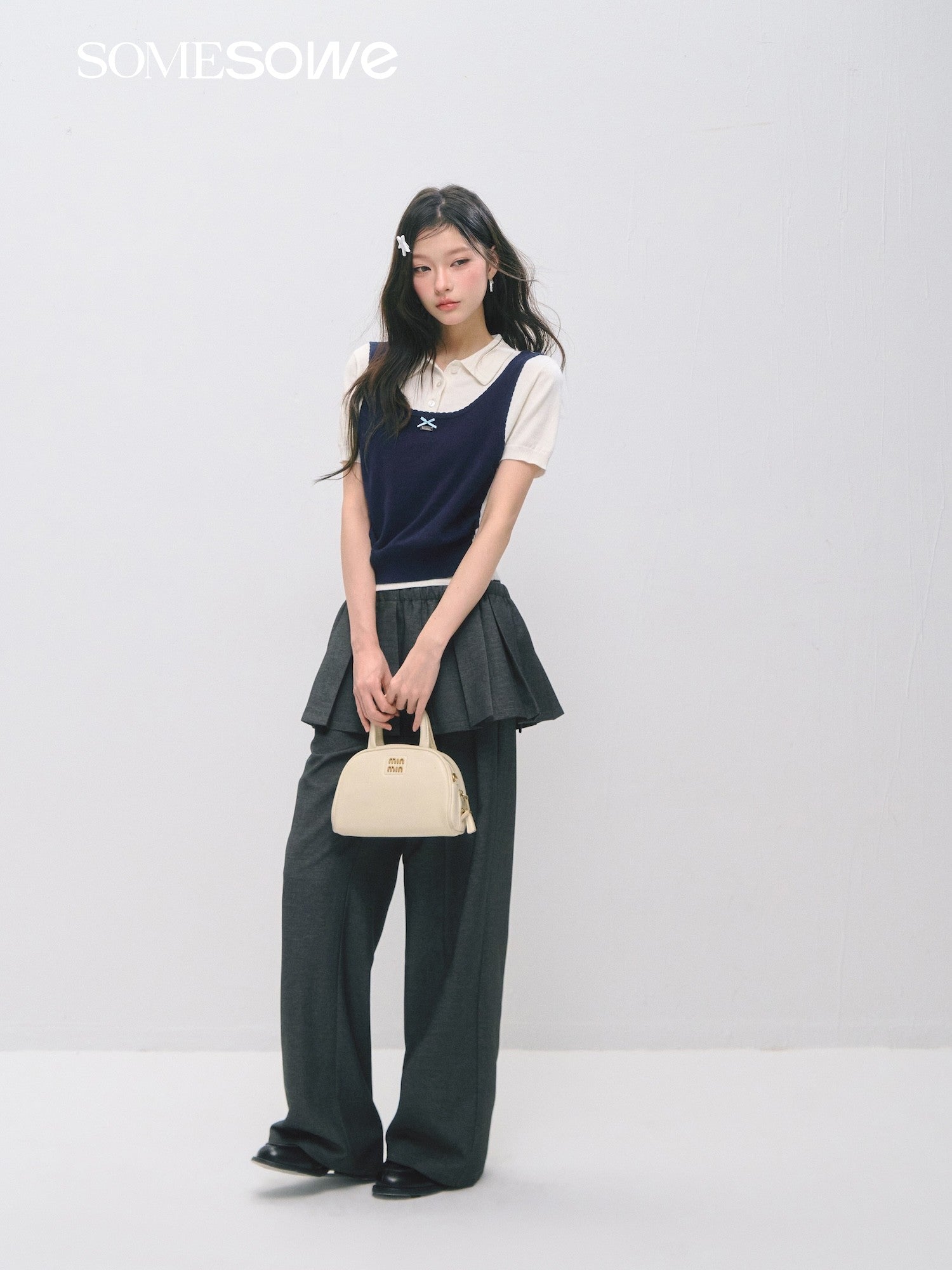SOMESOWE S2609037/S2609030 Fake two polo collar top + mini cake skirt
