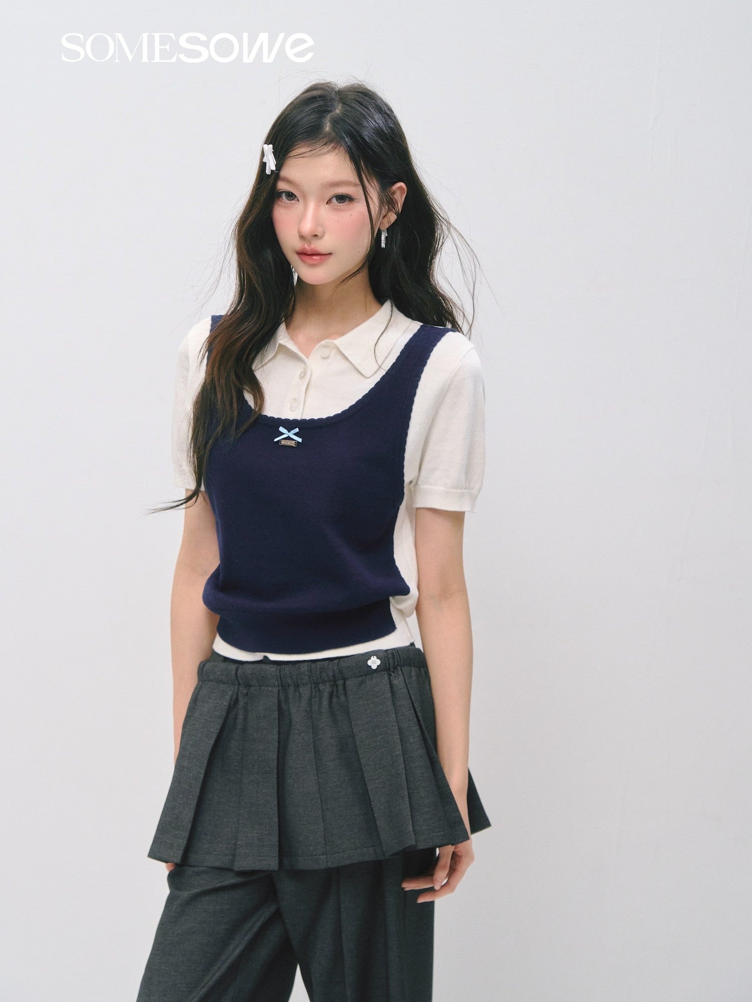 SOMESOWE S2609037/S2609030 Fake two polo collar top + mini cake skirt