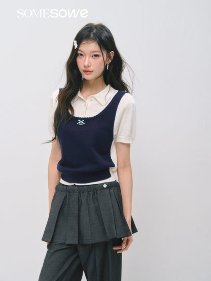 SOMESOWE S2609037/S2609030 Fake two polo collar top + mini cake skirt