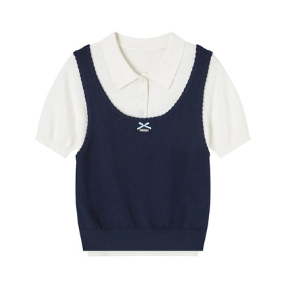 SOMESOWE S2609037/S2609030 Fake two polo collar top + mini cake skirt