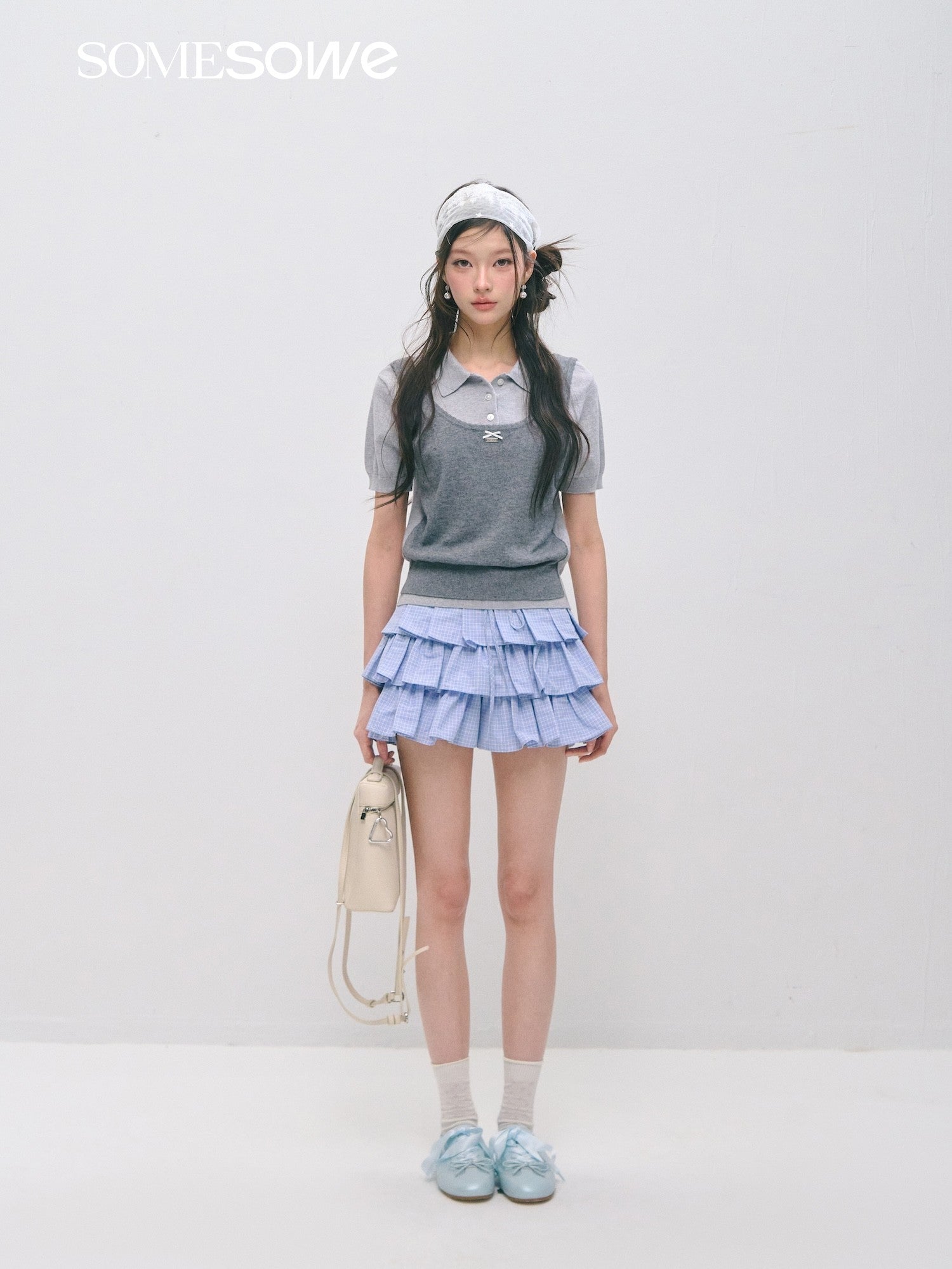 SOMESOWE S2609037/S2609030 Fake two polo collar top + mini cake skirt