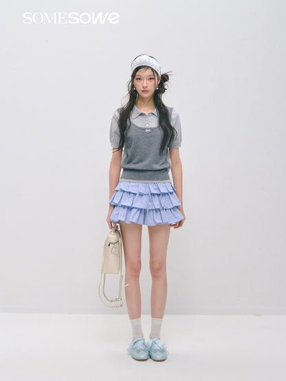 SOMESOWE S2609037/S2609030 Fake two polo collar top + mini cake skirt
