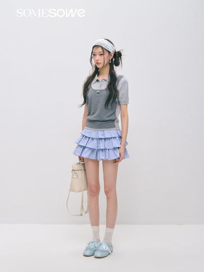 SOMESOWE S2609037/S2609030 Fake two polo collar top + mini cake skirt