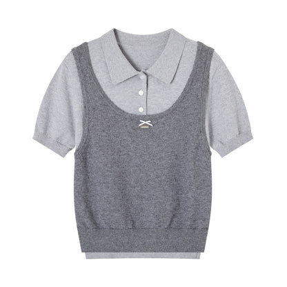 SOMESOWE S2609037/S2609030 Fake two polo collar top + mini cake skirt