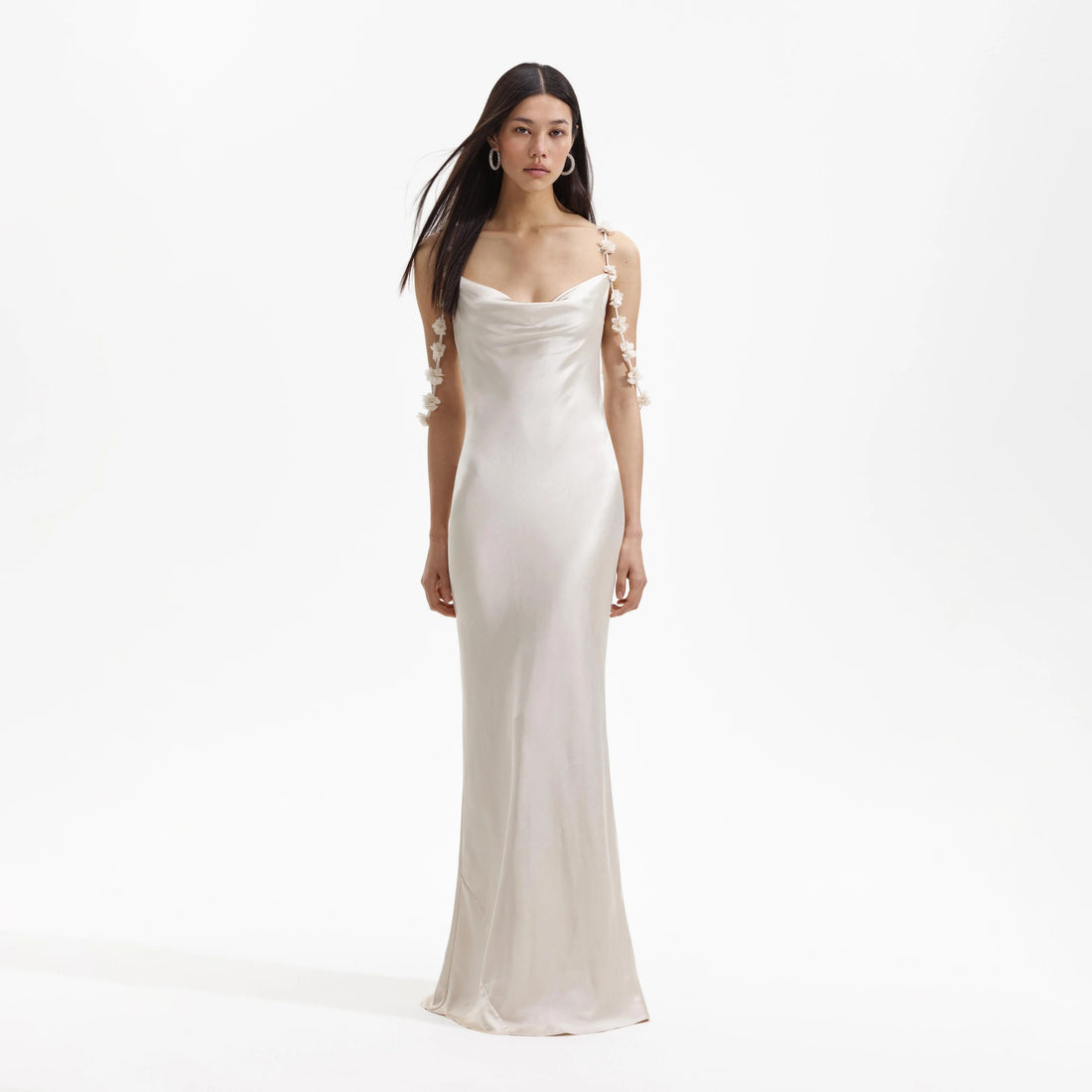 Self-Portrait CHAMPAGNE SATIN FLOWER MAXI DRESS