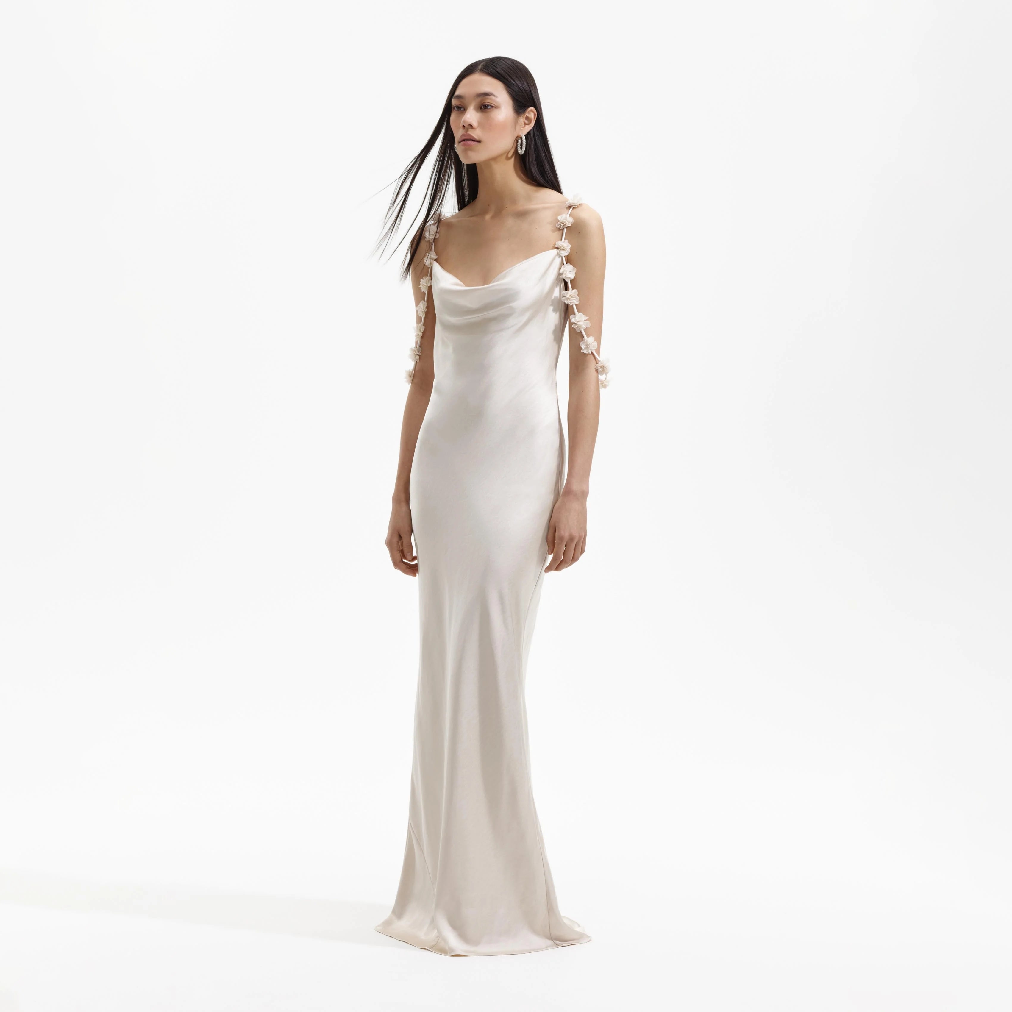 Self-Portrait CHAMPAGNE SATIN FLOWER MAXI DRESS