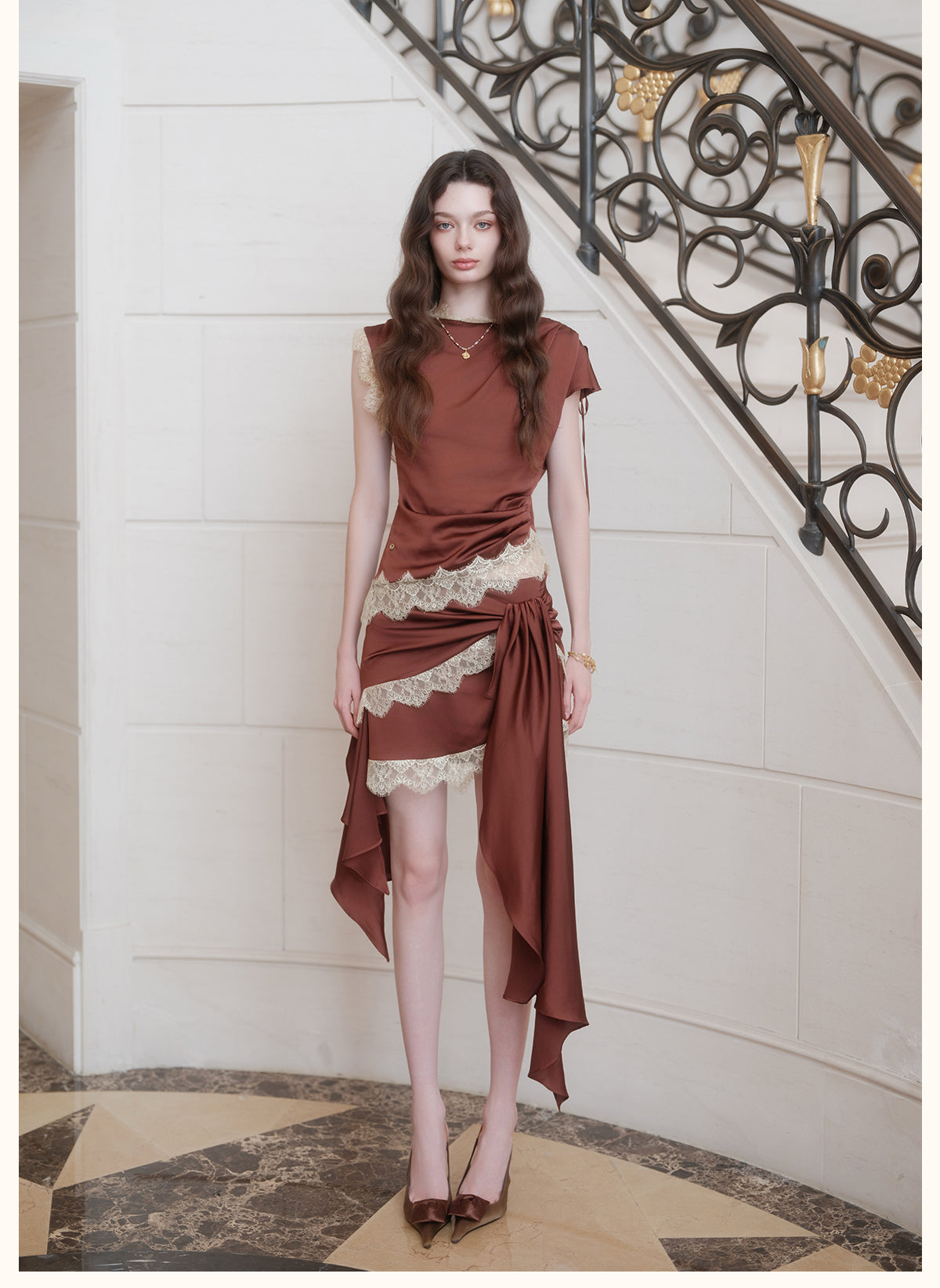 SHEERLUCK SLTZ26722 Serenada Lace Satin Two Piece Set-Mocha Brown