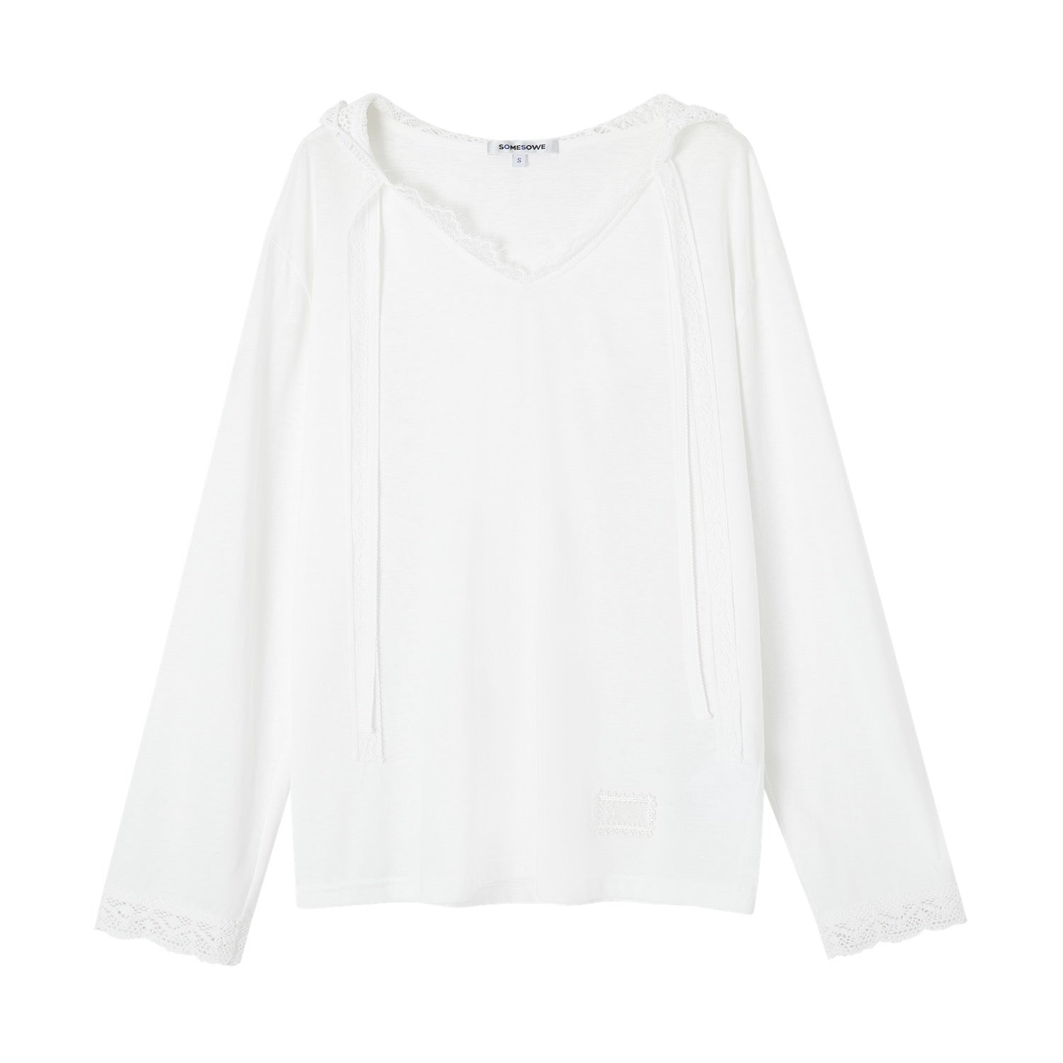 SOMESOWE S2609075 Lace patchwork ribbon hooded T-shirt