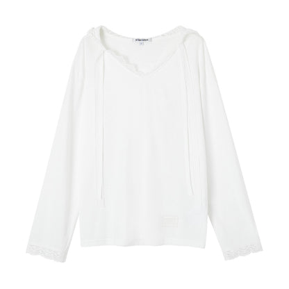 SOMESOWE S2609075 Lace patchwork ribbon hooded T-shirt