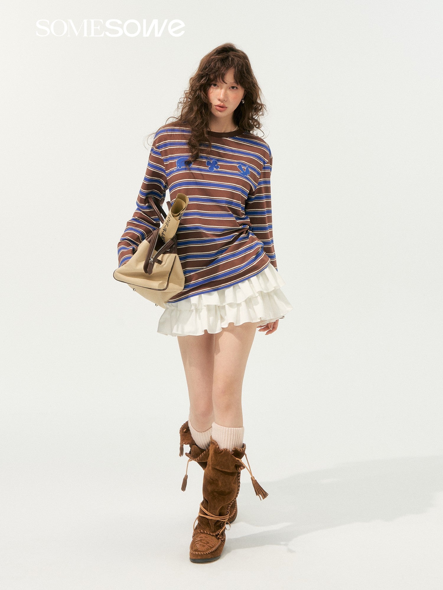SOMESOWE S2508200 Fun sticky embroidered striped T-shirt (2color)