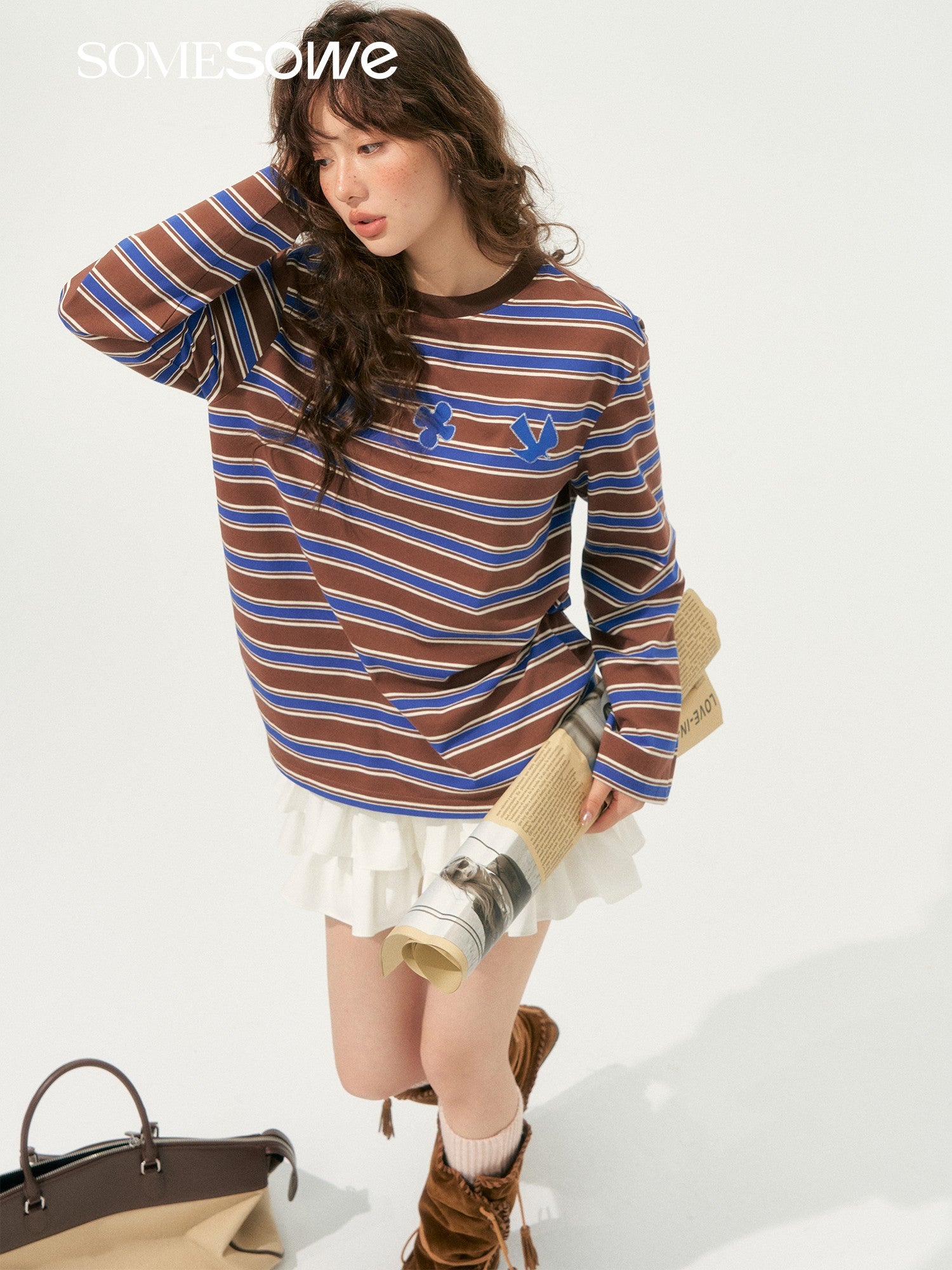 SOMESOWE S2508200 Fun sticky embroidered striped T-shirt (2color)