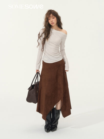SOMESOWE S2508260 Velvet plaid diagonal shoulder pleated long sleeved T-shirt