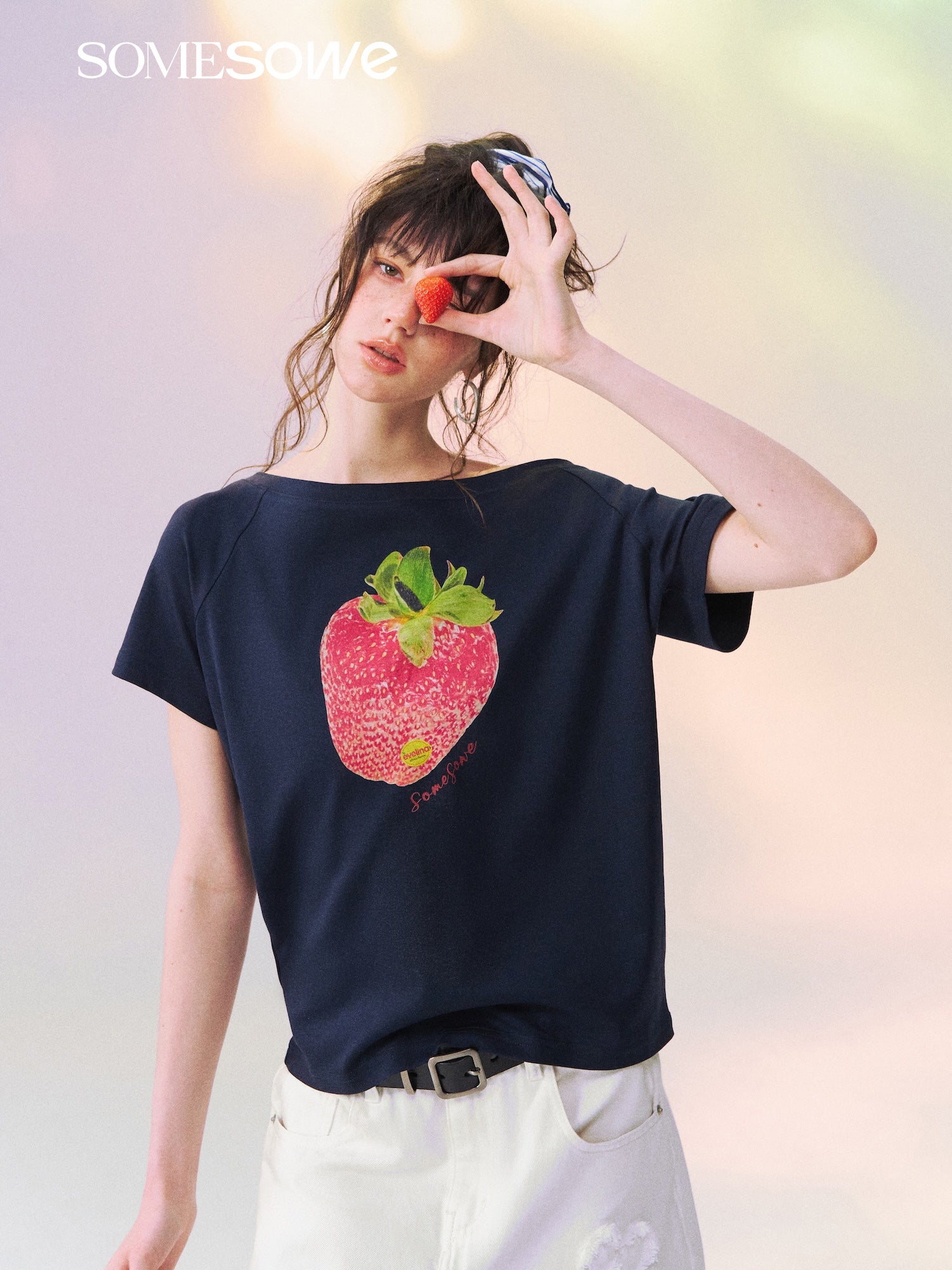 SOMESOWE S2609129 Dopamine Color Strawberry Print Off-the-Shoulder T-shirt