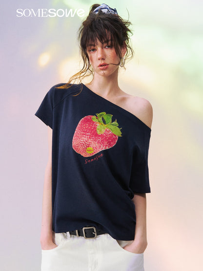 SOMESOWE S2609129 Dopamine Color Strawberry Print Off-the-Shoulder T-shirt