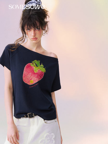 SOMESOWE S2609129 Dopamine Color Strawberry Print Off-the-Shoulder T-shirt