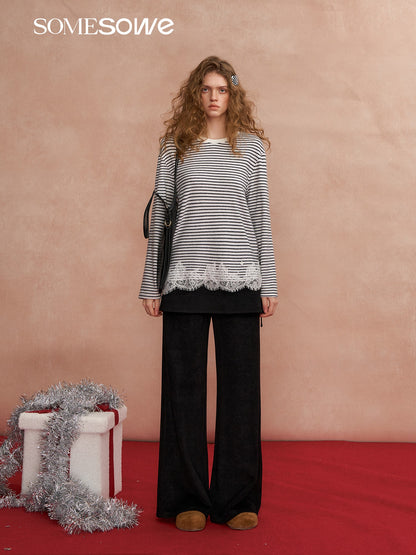 SOMESOWE S2508297 Lace patchwork velvet striped long sleeved T-shirt