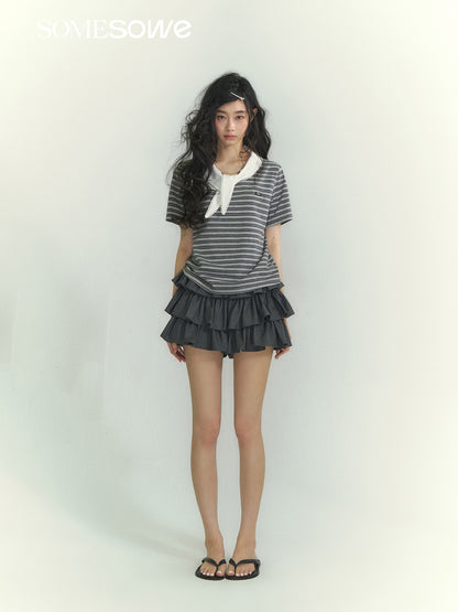 SOMESOWE S2609041 Lace collar short sleeved striped T-shirt