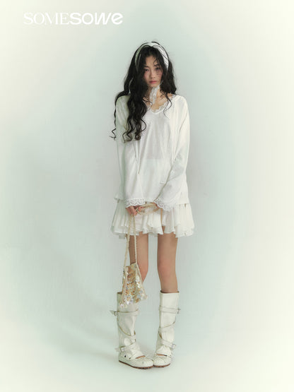 SOMESOWE S2609075 Lace patchwork ribbon hooded T-shirt