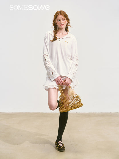 SOMESOWE S2508091 Hollow lace hooded T-shirt