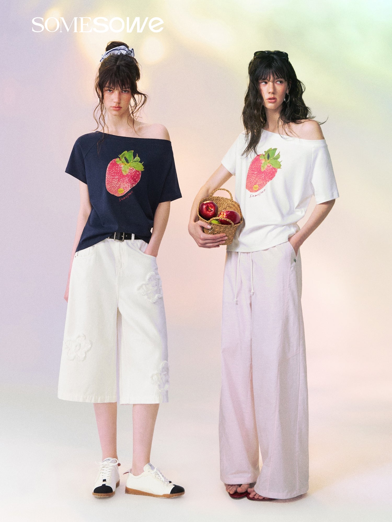 SOMESOWE S2609129 Dopamine Color Strawberry Print Off-the-Shoulder T-shirt