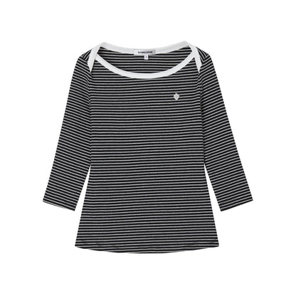SOMESOWE S2508154 Envelope collar mid sleeve striped T-shirt
