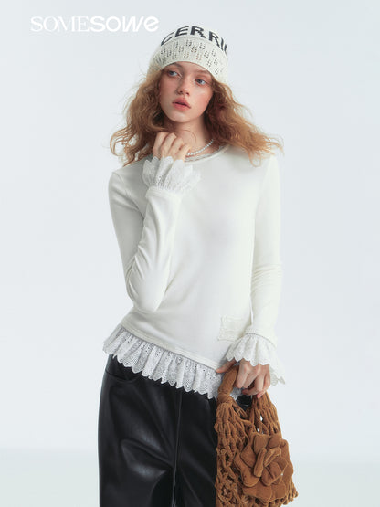 SOMESOWE S2407301 Petal lace velvet long sleeve T-shirt